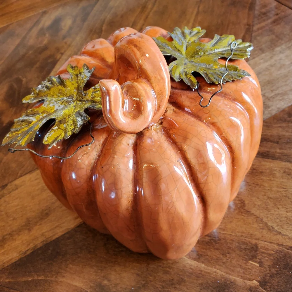 Ceramic Pumpkin with metal leaves